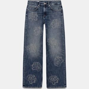 Zara Denim Wide Leg Jeans with Floral Design